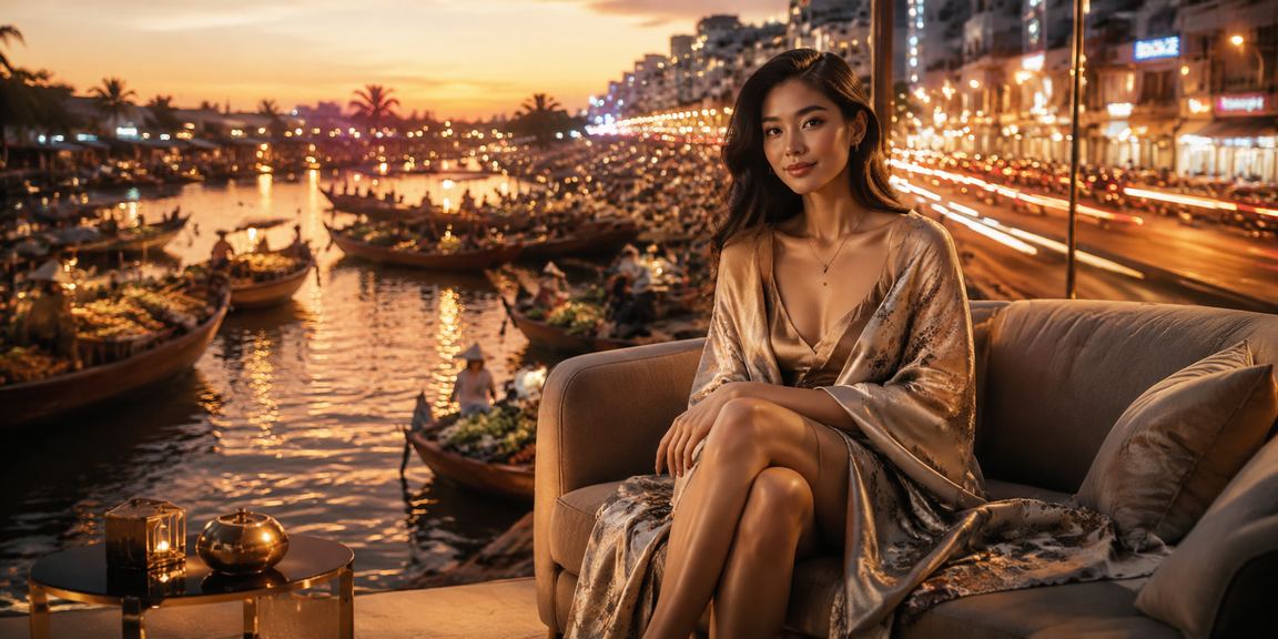 Đường phố Cần Thơ về đêm với biển quảng cáo neon sáng rực, người dùng kiểm tra ứng dụng giải trí trên điện thoại